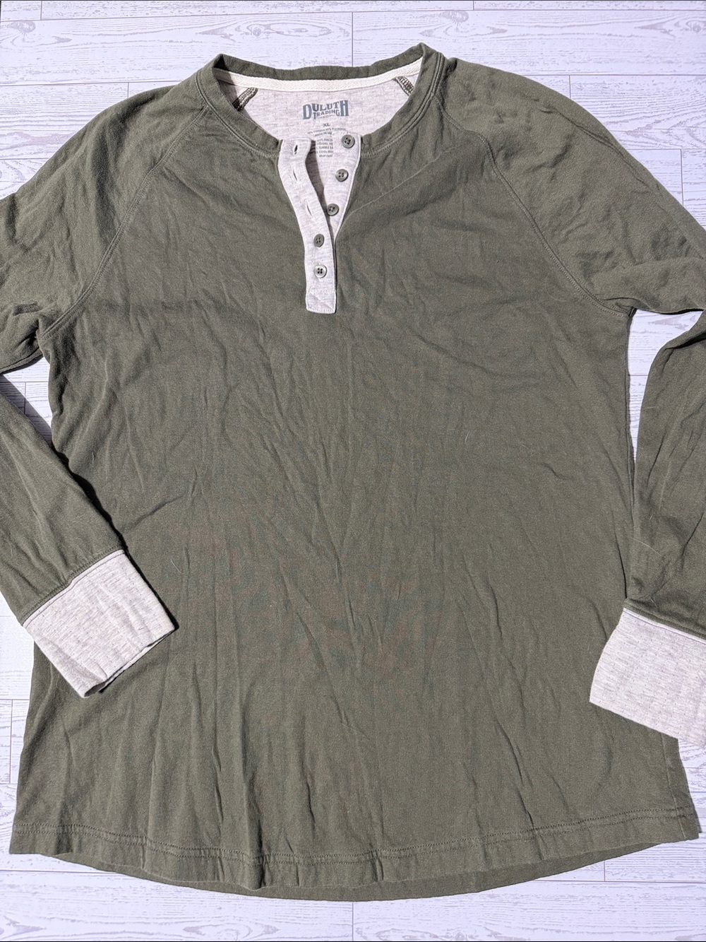 Duluth Trading Co Olive Long-Sleeve Henley with Cream Trim